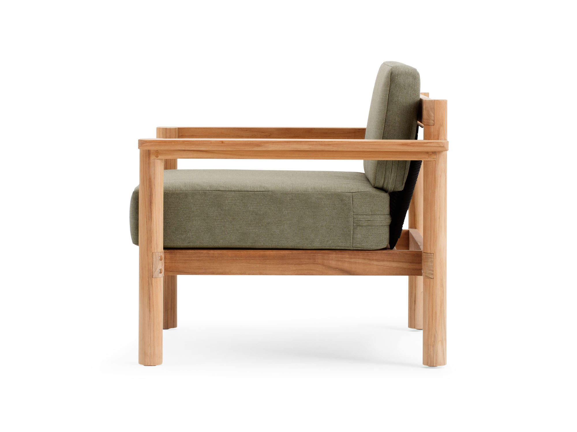 Side view of outdoor chair with green cushions and wood legs